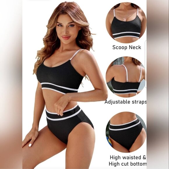NWT Blooming Jelly High Waisted Ribbed Bikini Set Black‎ & White BMJL Small - Picture 4 of 9
